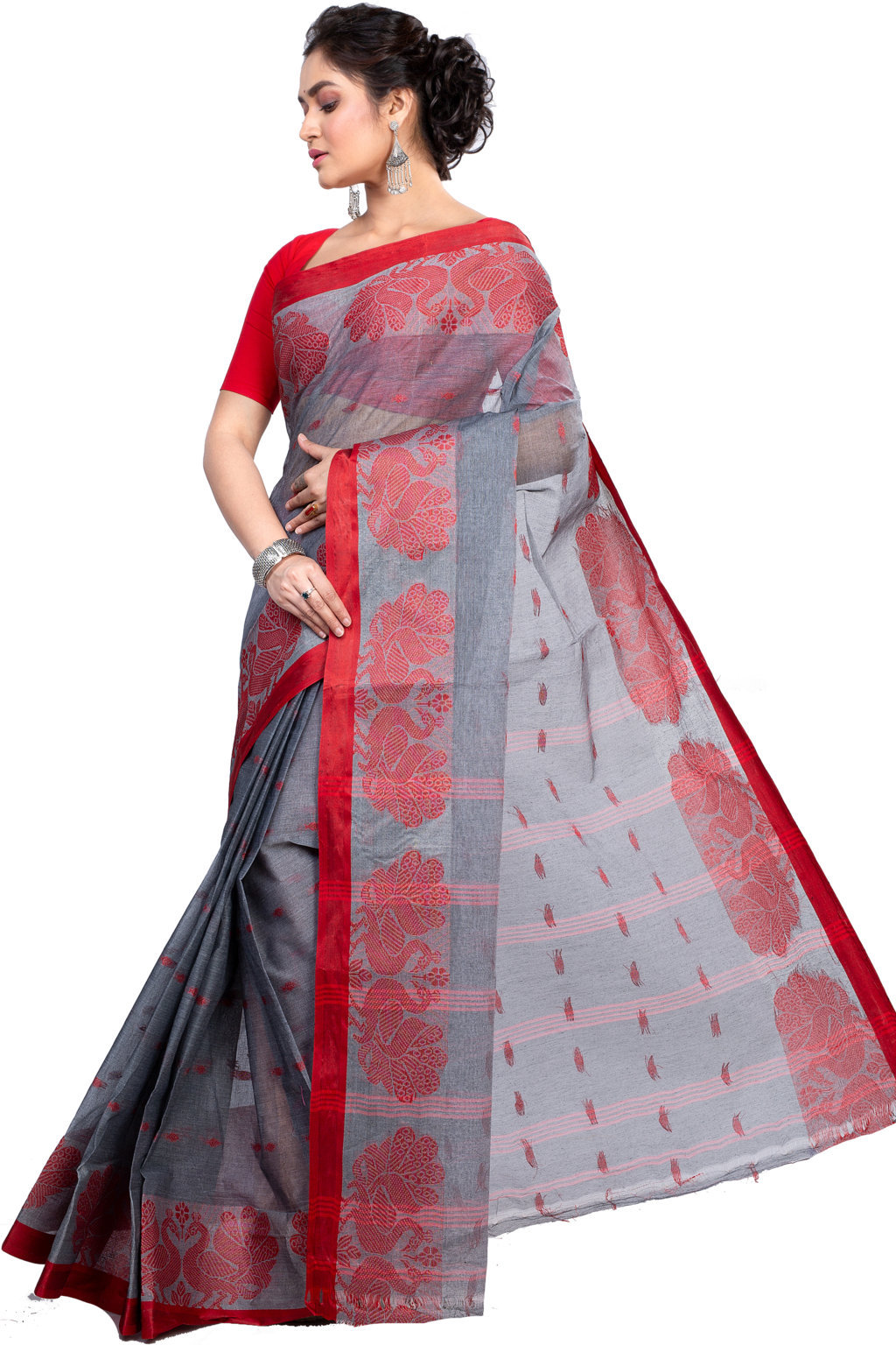 Gray Pure Cotton MOYUR PAR Tant Saree (904)